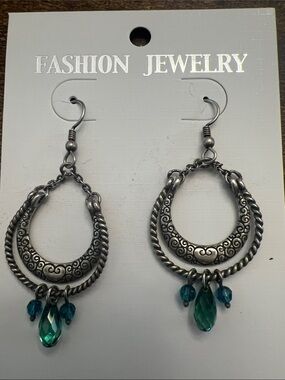 Fashion Jewelry Silver-Tone Double Hoop Earrings with Teal Drops